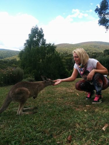 A girl feeds a baby kangaroo or joey in Australia