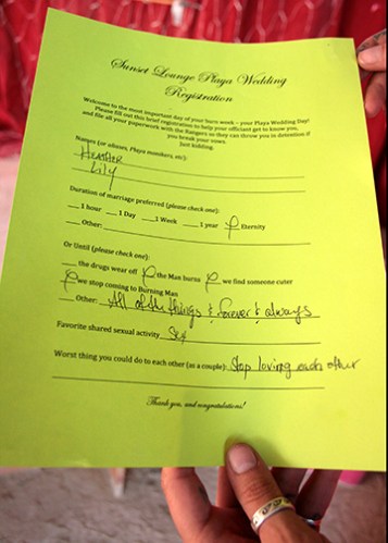 The wedding certificate from our playa wedding at Burning Man