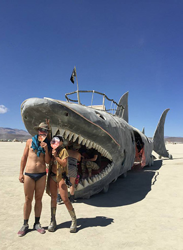 Shark art car at burning man 2015