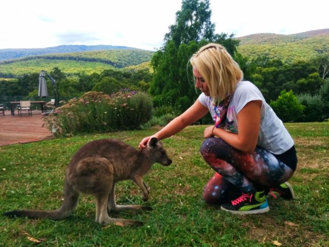 girl petting kangaroo